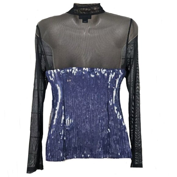 Brand New Maeve Sequin Sheer Mesh Mock-Neck Top - Picture 5 of 7